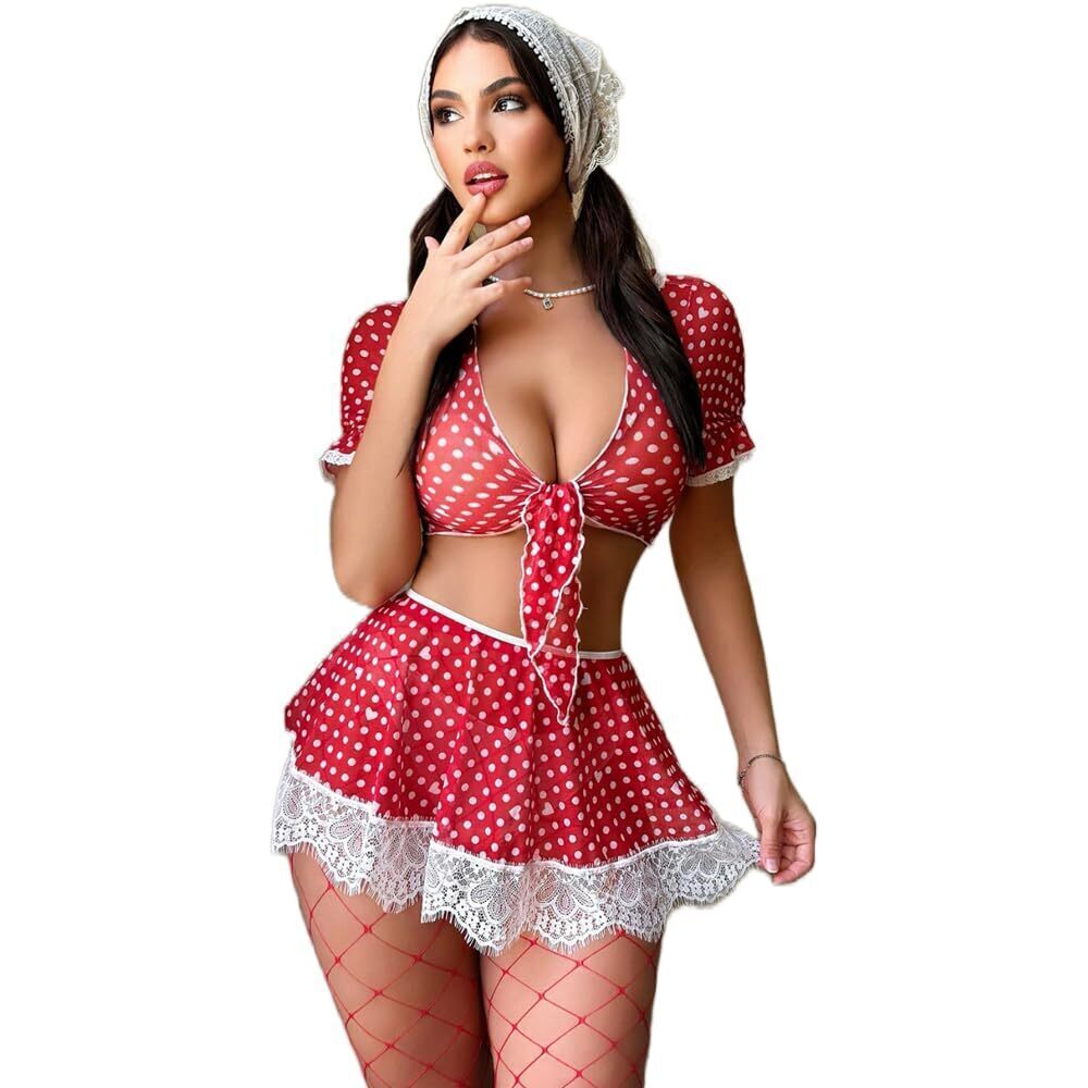 1375 Sexy Schoolgirl Costume 3PCS Set Red Lace & Polka Dot Roleplay Outfit